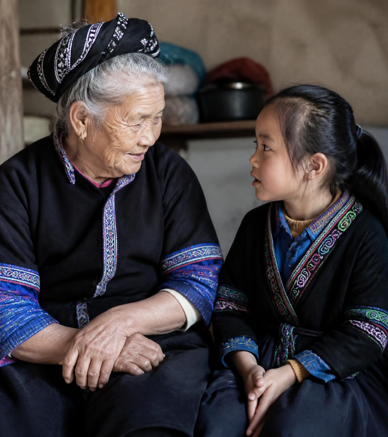 A Hmong grandmother and her granddaughter in conversation