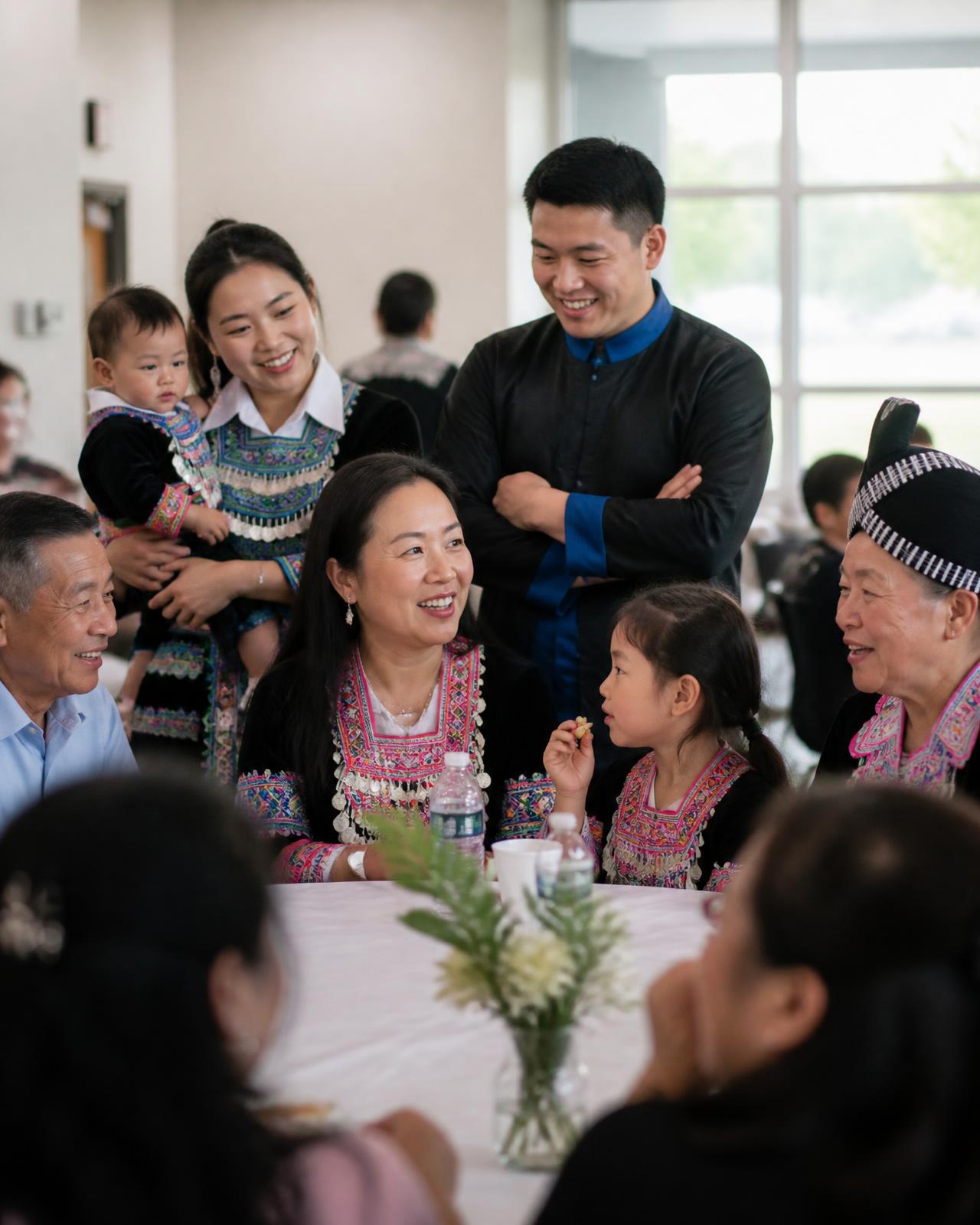 Three generations of a Hmong family gathered at a community center in Merced