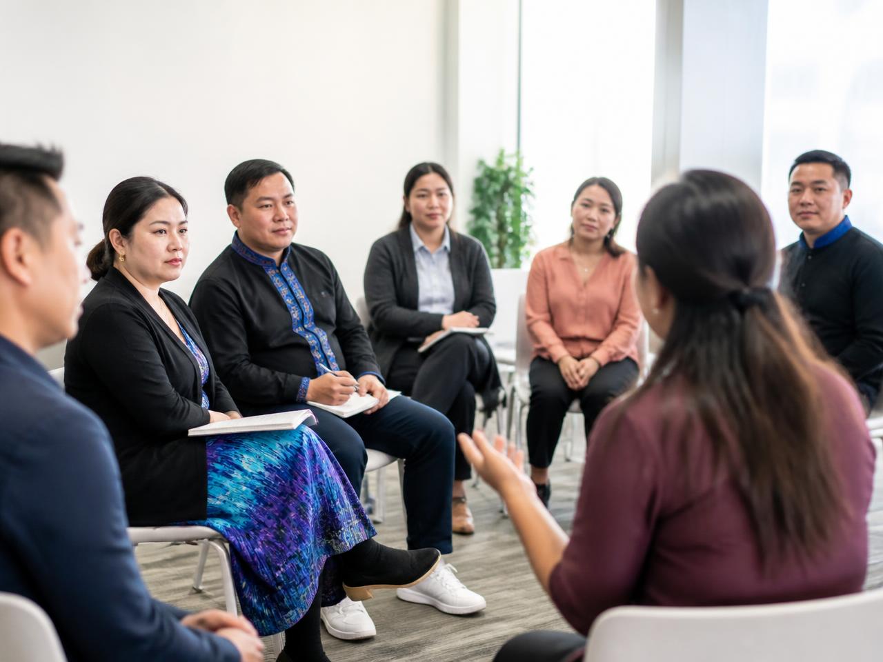 Hmong parents gathered around a table in a community workshop